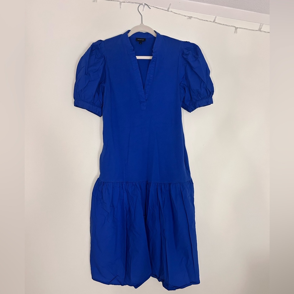 Who What Wear Puff Sleeve V Neckline Ruffle Tiered Cotton Midi Dress Blue Sz S